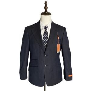 Tallia Suit Jacket Men's 38 Short Wool Blend Stretch Navy Brown Stripe NEW